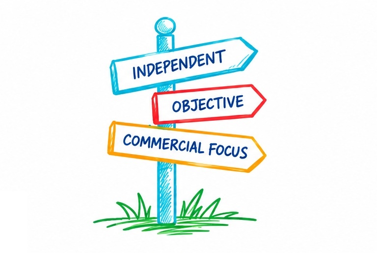 A hand-drawn signpost for independent, objective and commercially focused advice