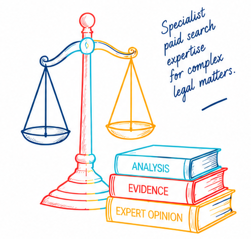 Illustration of legal scales and books representing analysis, evidence and expert opinion